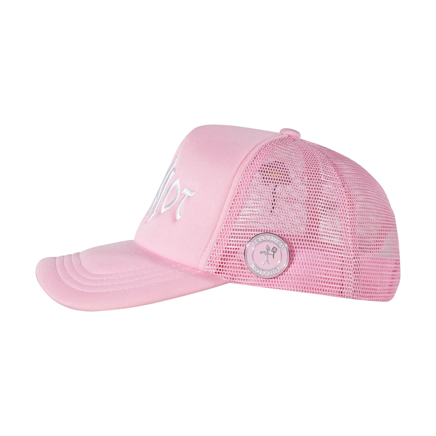 Pink trucker cap left side pins view with Whynot NY typography 