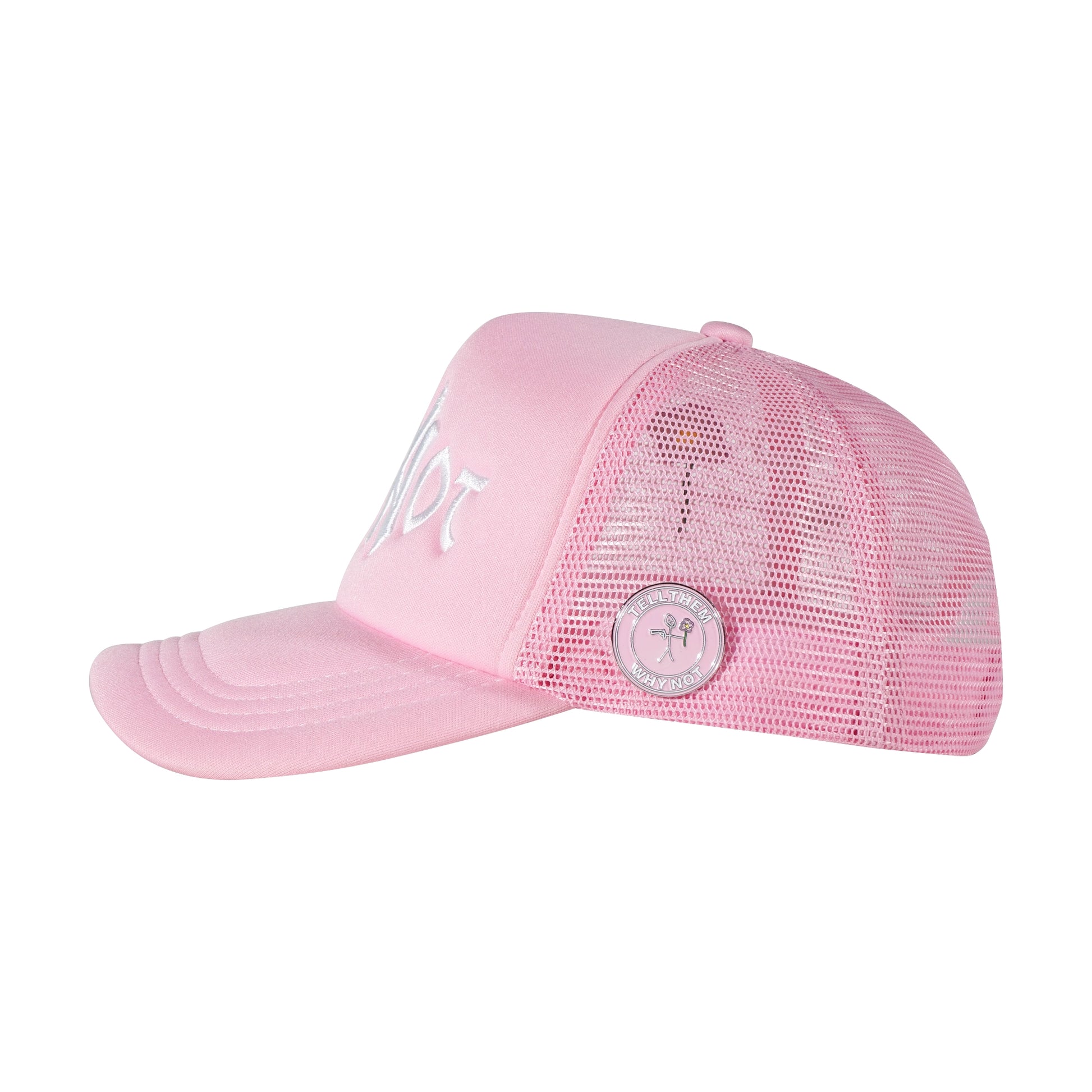 Pink trucker cap left side pins view with Whynot NY typography 