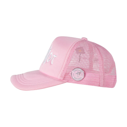Pink trucker cap left side pins view with Whynot NY typography 