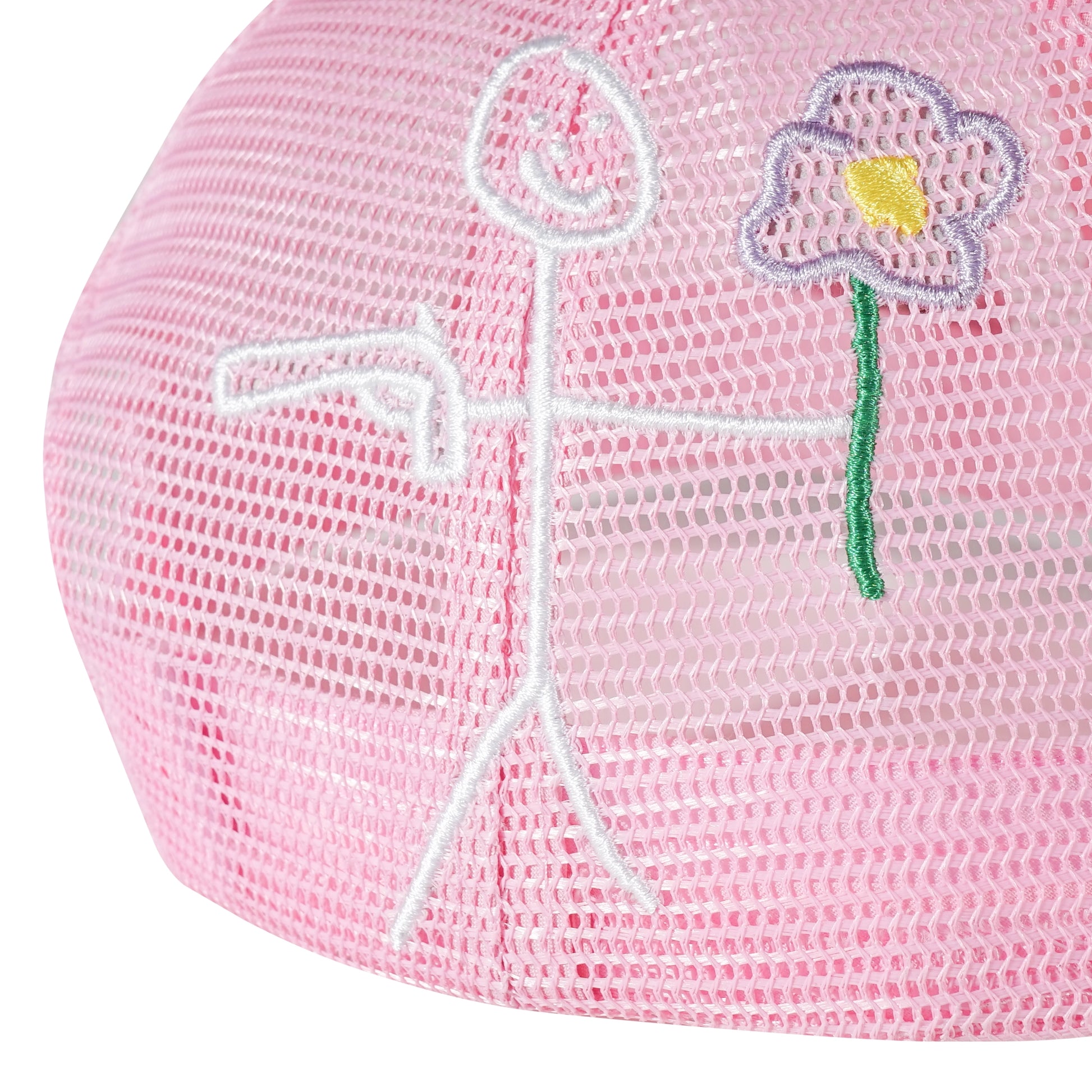 Whynot NY typography and embroidered stickman right side detail on pink trucker cap