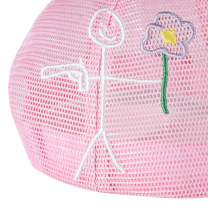 Whynot NY typography and embroidered stickman right side detail on pink trucker cap