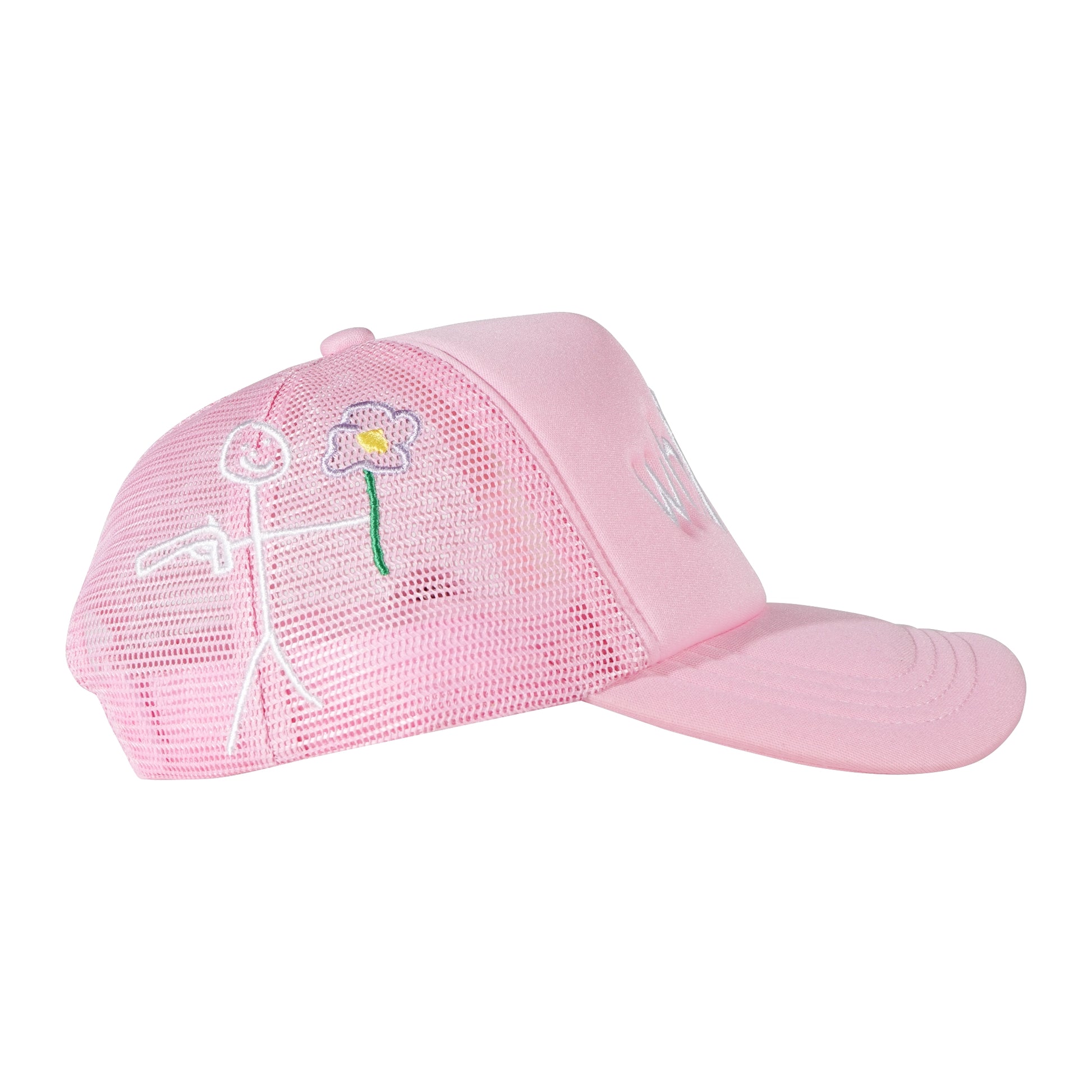 Pink trucker cap right side view with Whynot NY typography and stickman embroidery