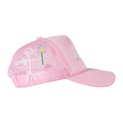 Pink trucker cap right side view with Whynot NY typography and stickman embroidery