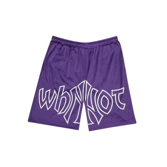 Purple mesh shorts with Whynot NY typography front view - tell them why not