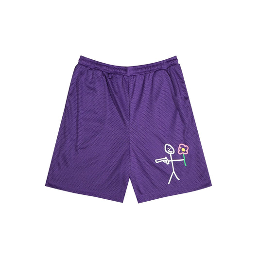 Purple mesh shorts with screenprinting stickman logo front view - tell them why not