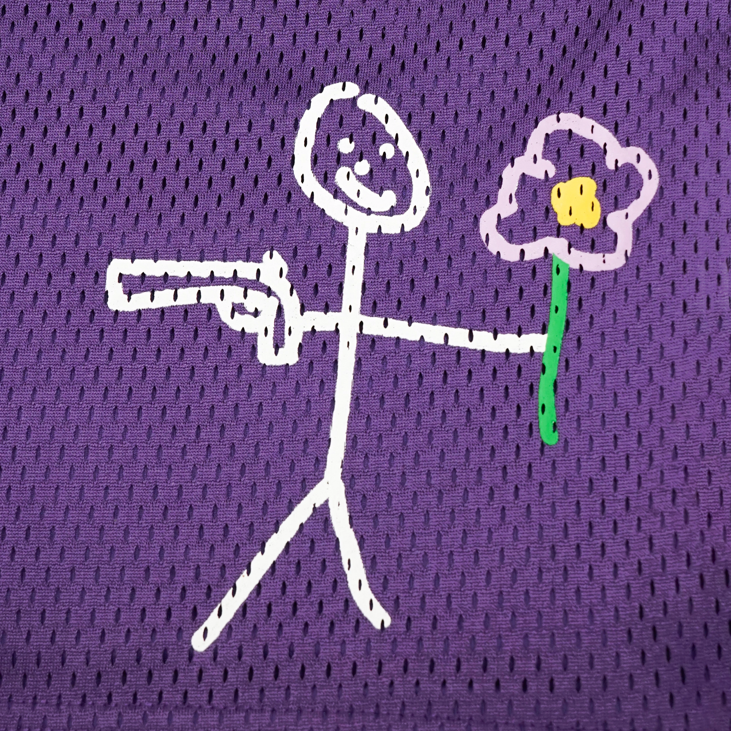 Purple mesh stickman shorts front screen printing close-up - Tell Them 