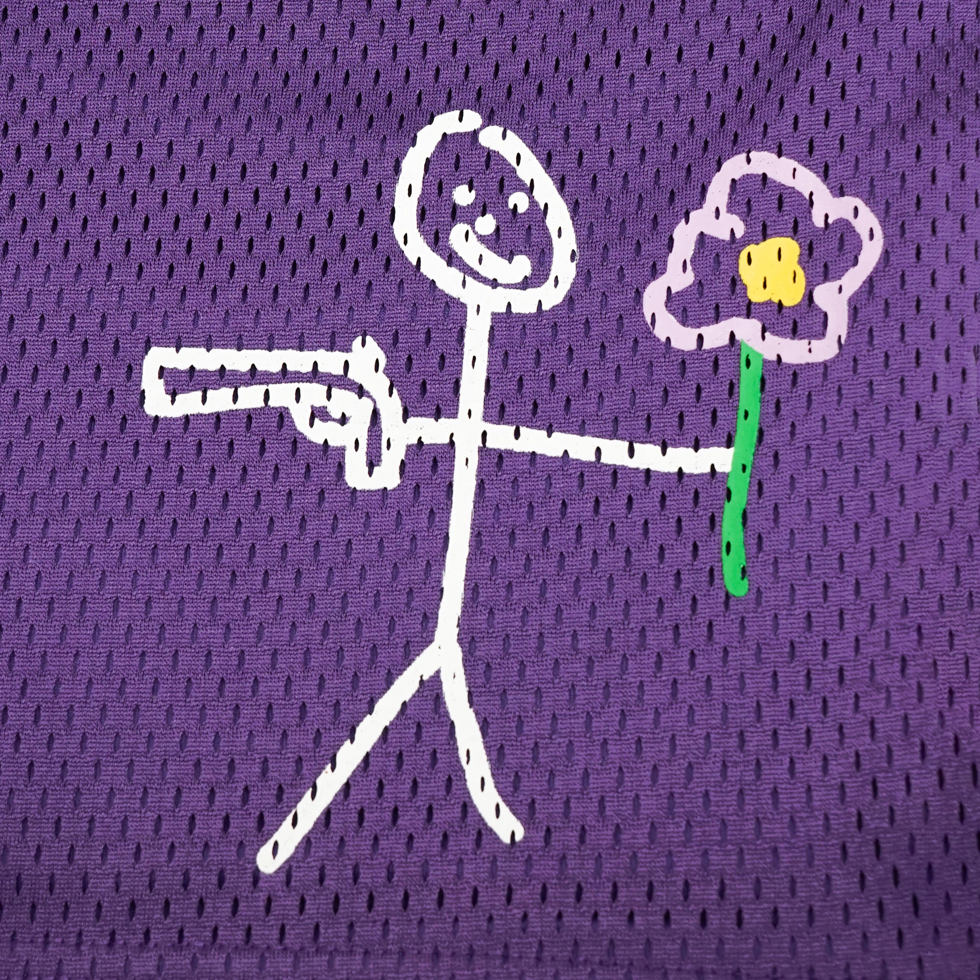 Purple mesh stickman shorts front screen printing close-up - Tell Them 