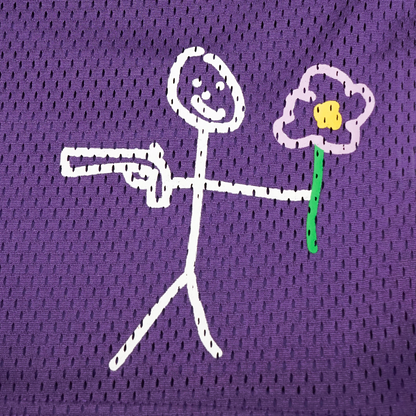 Purple mesh stickman shorts front screen printing close-up - Tell Them 