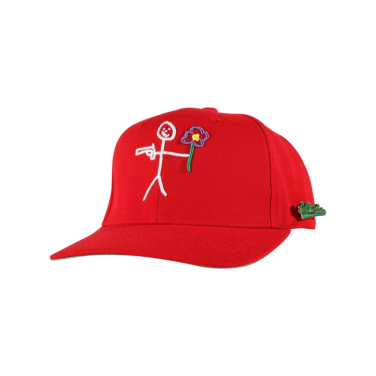 Red snapback cap with embroidered stickman logo three quarter front view - tell them why not