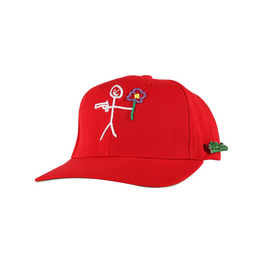 Red snapback cap with embroidered stickman logo three quarter front view - tell them why not