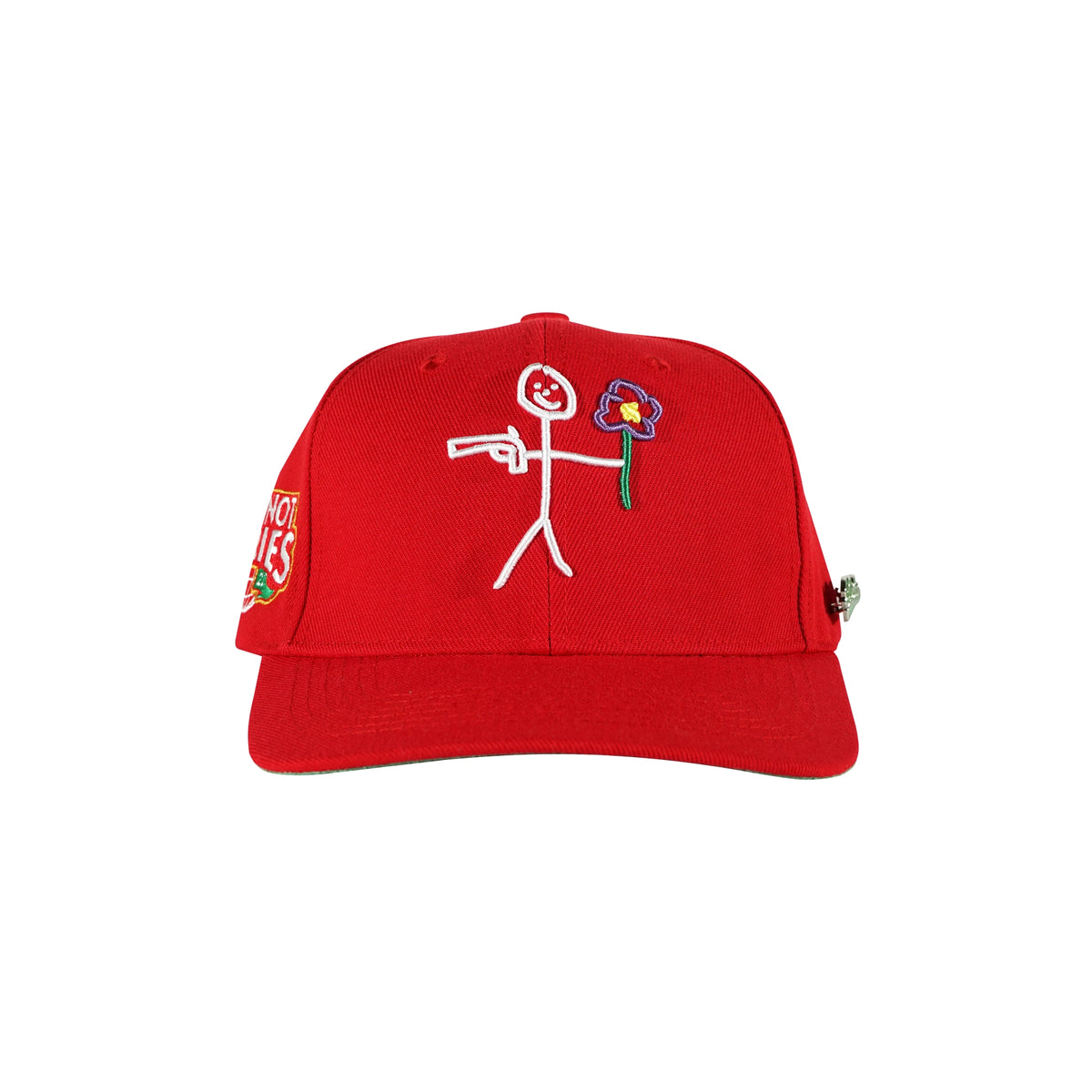 Red snapback cap with embroidered stickman gun and flower logo front view - tell them why not