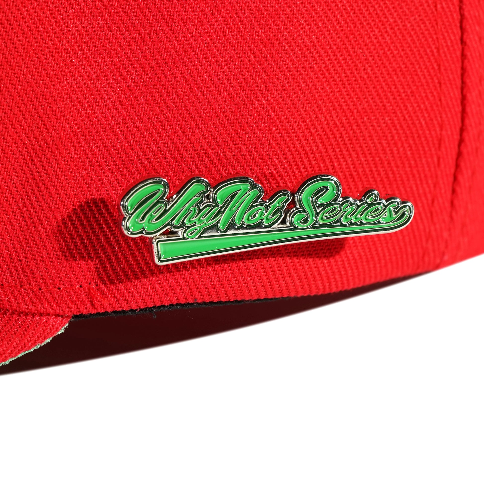 Whynot Series metal pins detail on red snapback cap - tell them why not