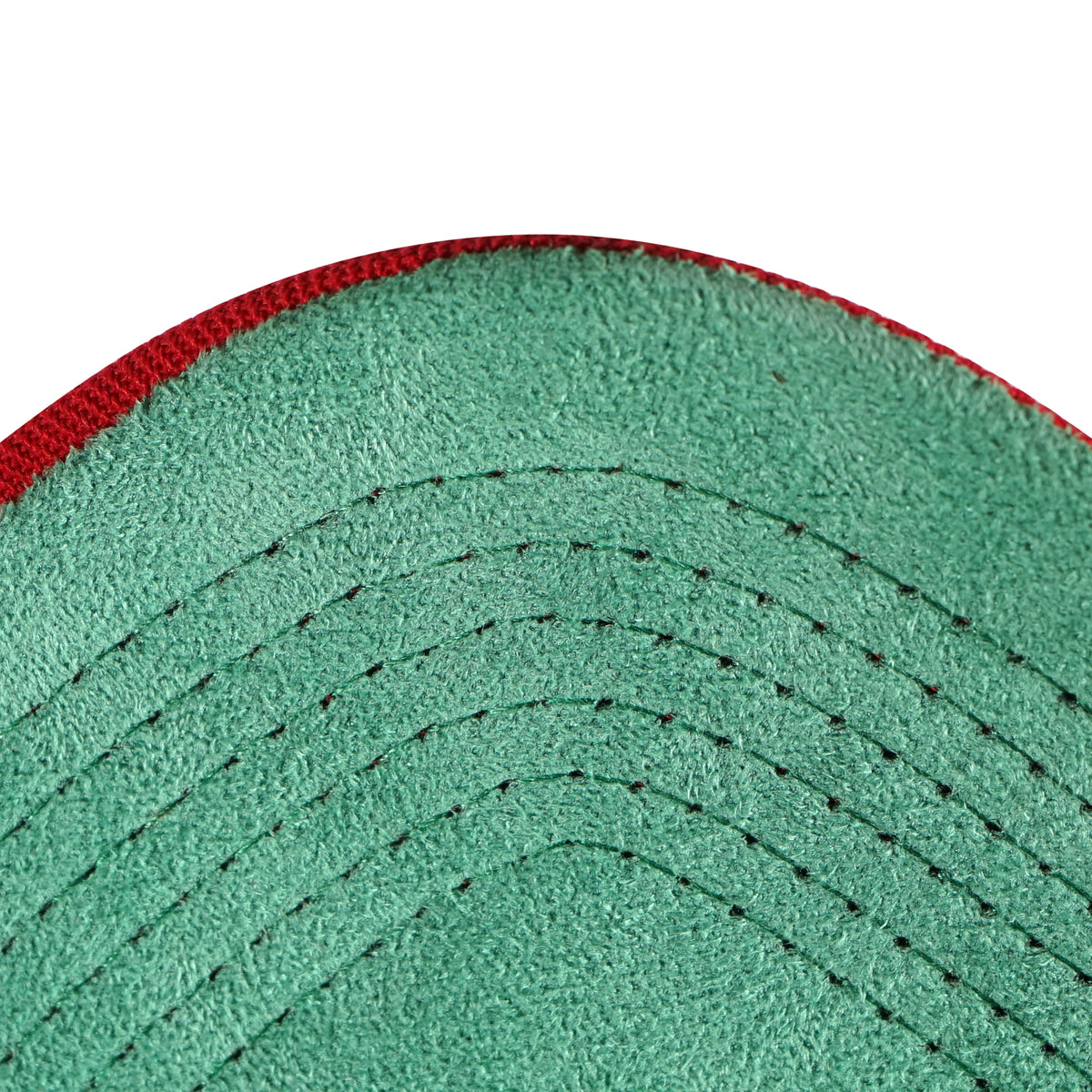 Red snapback cap green velvet under visor detail - tell them why not