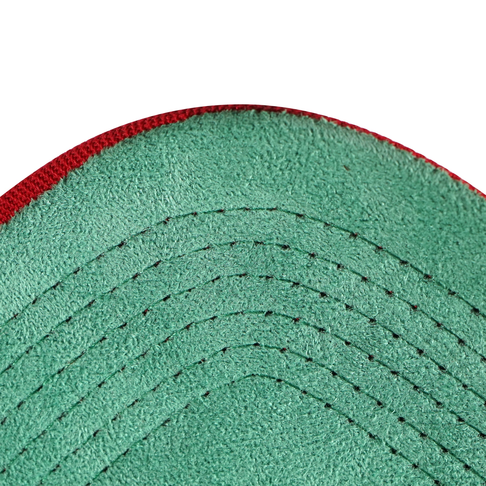 Red snapback cap green velvet under visor detail - tell them why not