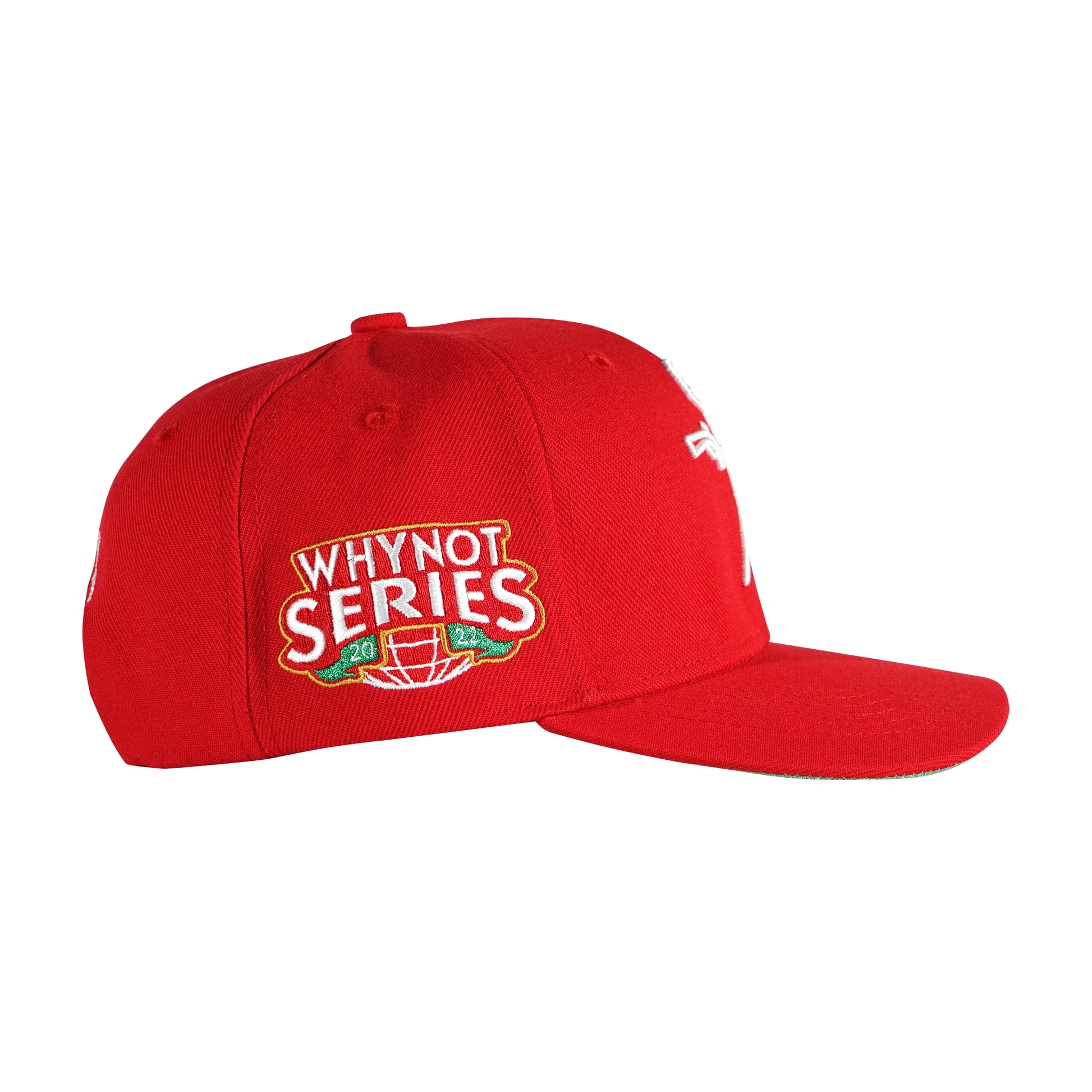 Red snapback cap with Whynot Series side embroidery patch view - tell them why not