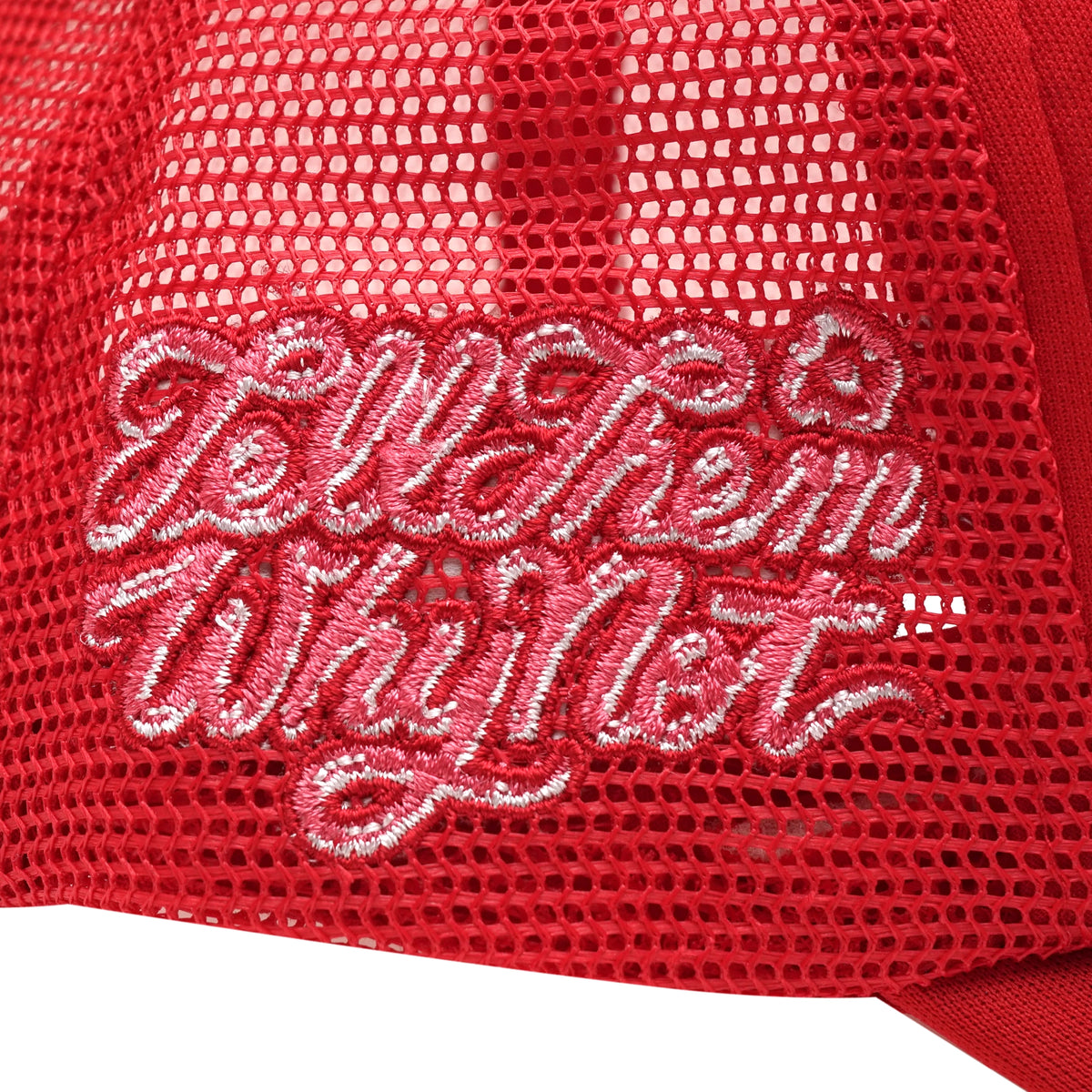 Embroidered typography right side detail on black trucker cap