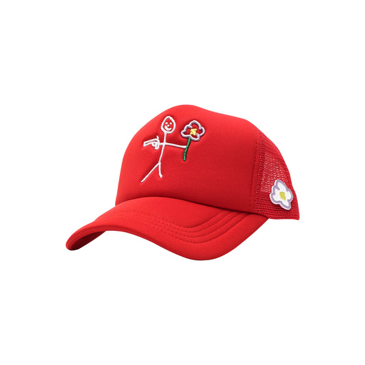 Red trucker cap three quarter front view with embroidered stickman logo