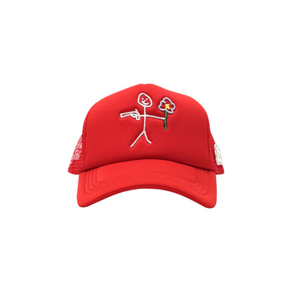 Red trucker cap front view with embroidered stickman gun and flower logo