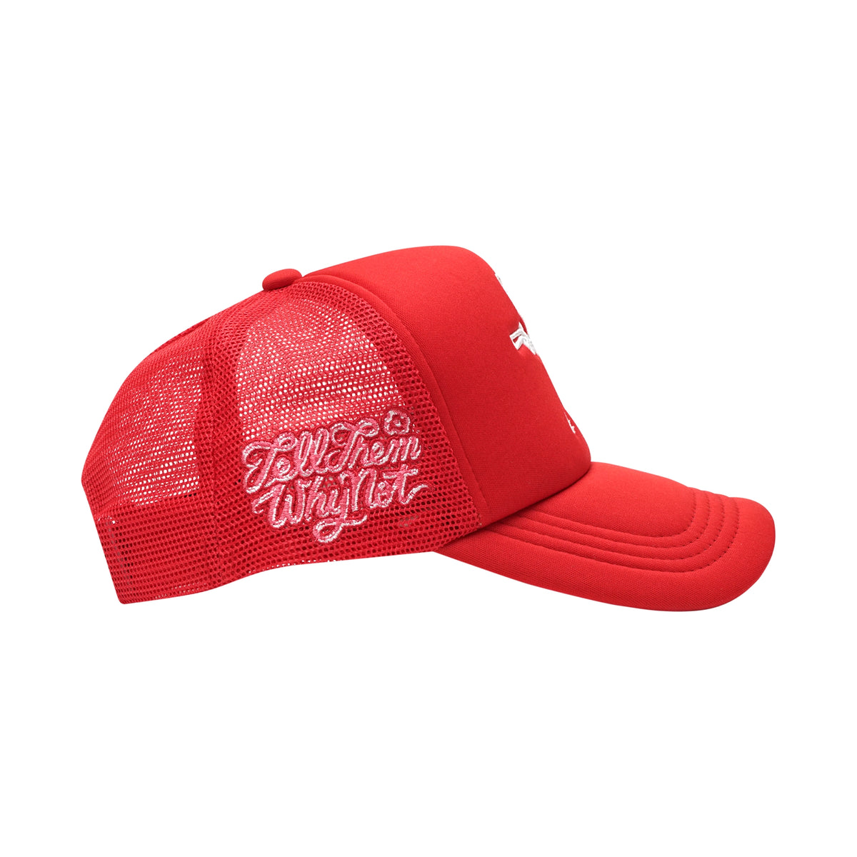 Red  trucker cap right side view with embroidered stickman logo