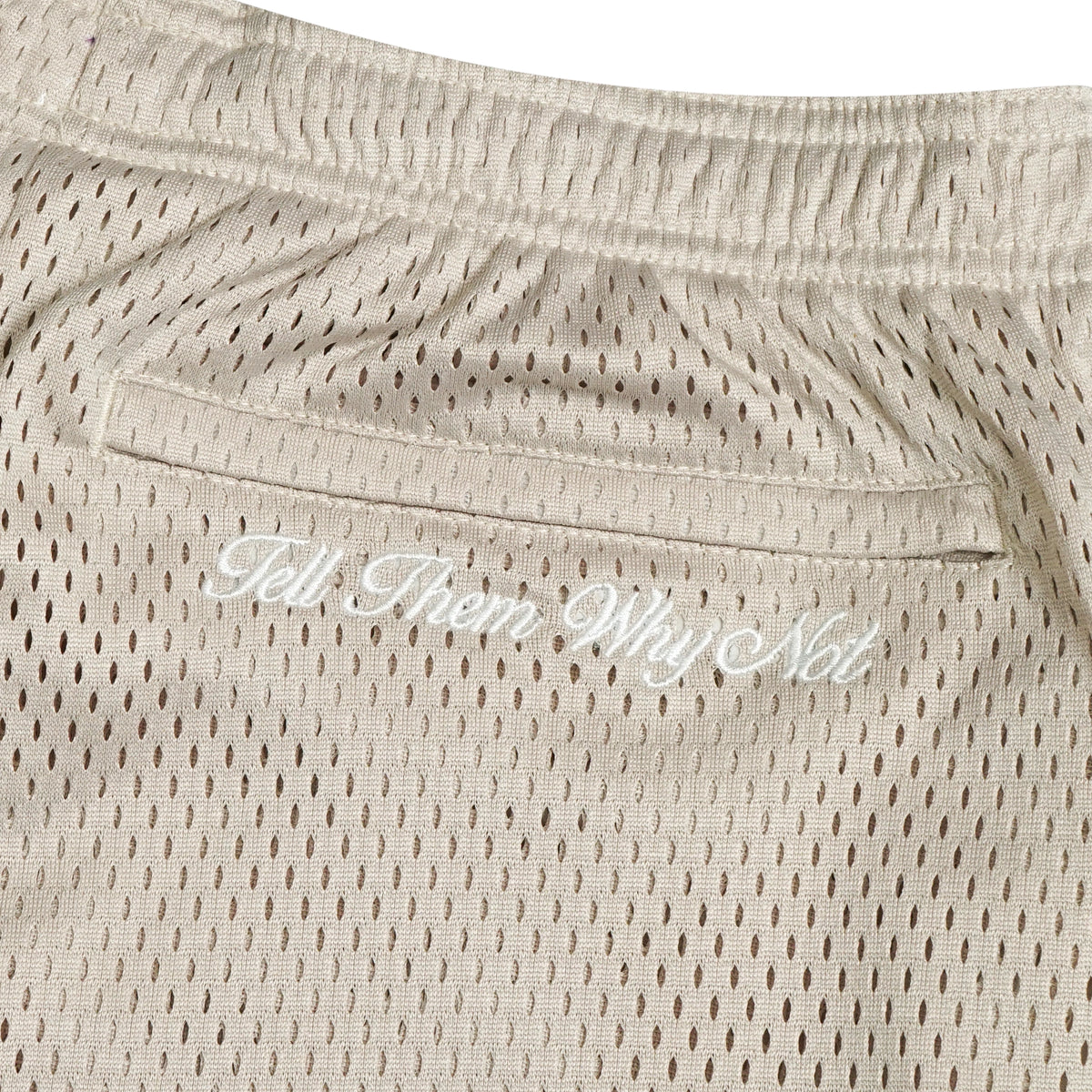 sand mesh stickman shorts back embroidery close-up - Tell Them Why Not