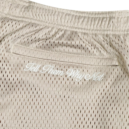 sand mesh stickman shorts back embroidery close-up - Tell Them Why Not