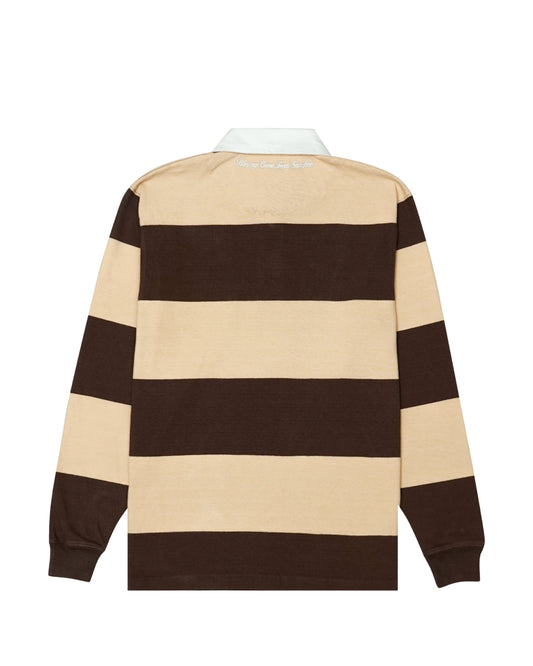 Back view brown beige striped rugby polo Tellthem Whynot long sleeves