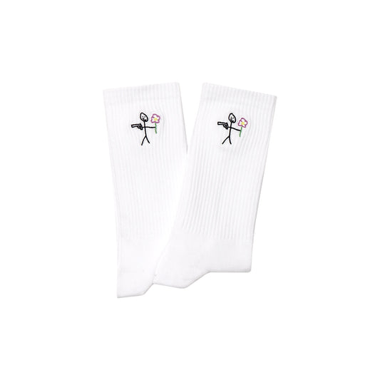 White ribbed socks with embroidered stickman - tell them why not