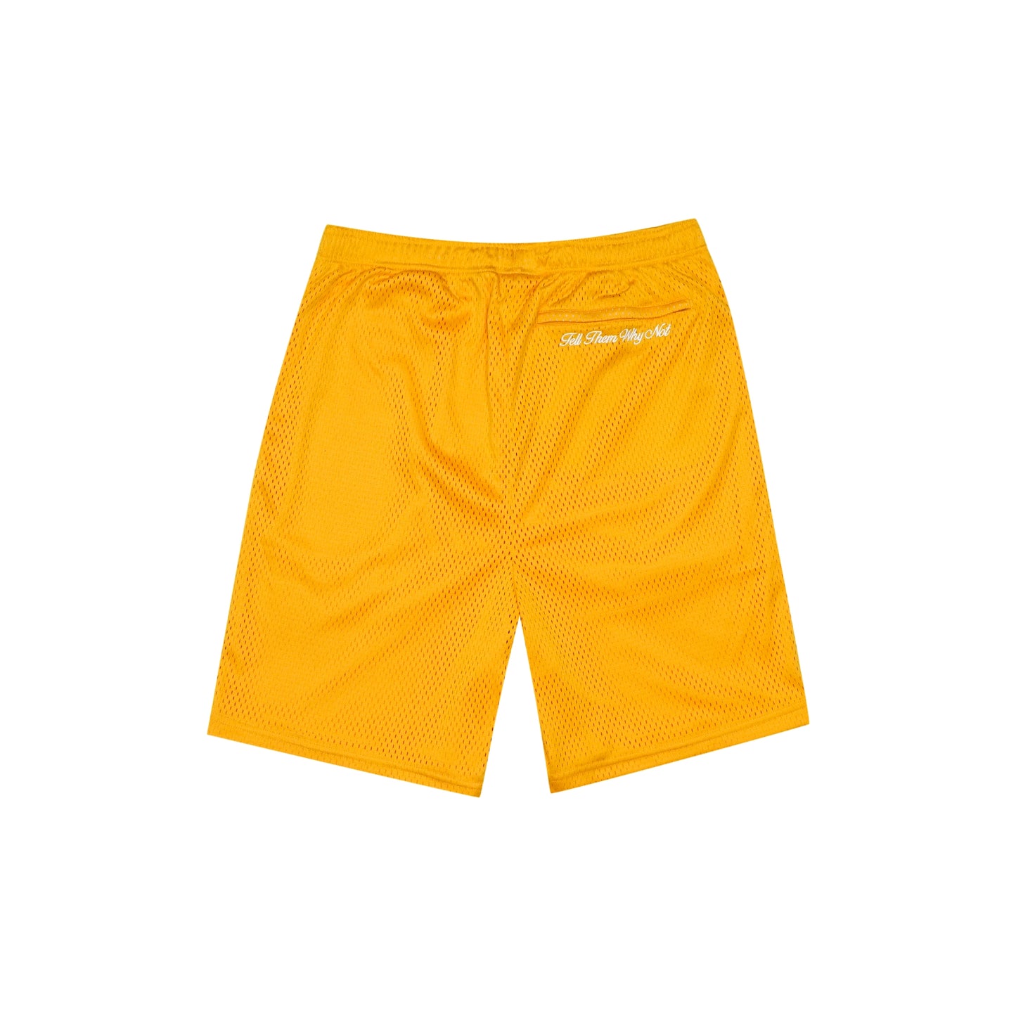 Yellow mesh stickman shorts back view - Tell Them Why Not 