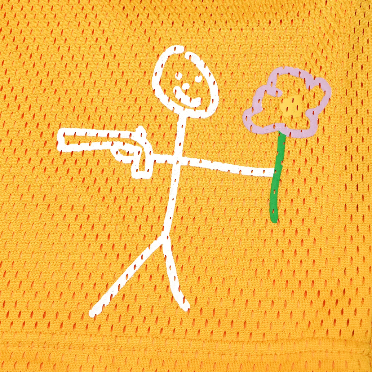 Yellow mesh stickman shorts front screen printing close-up - Tell Them