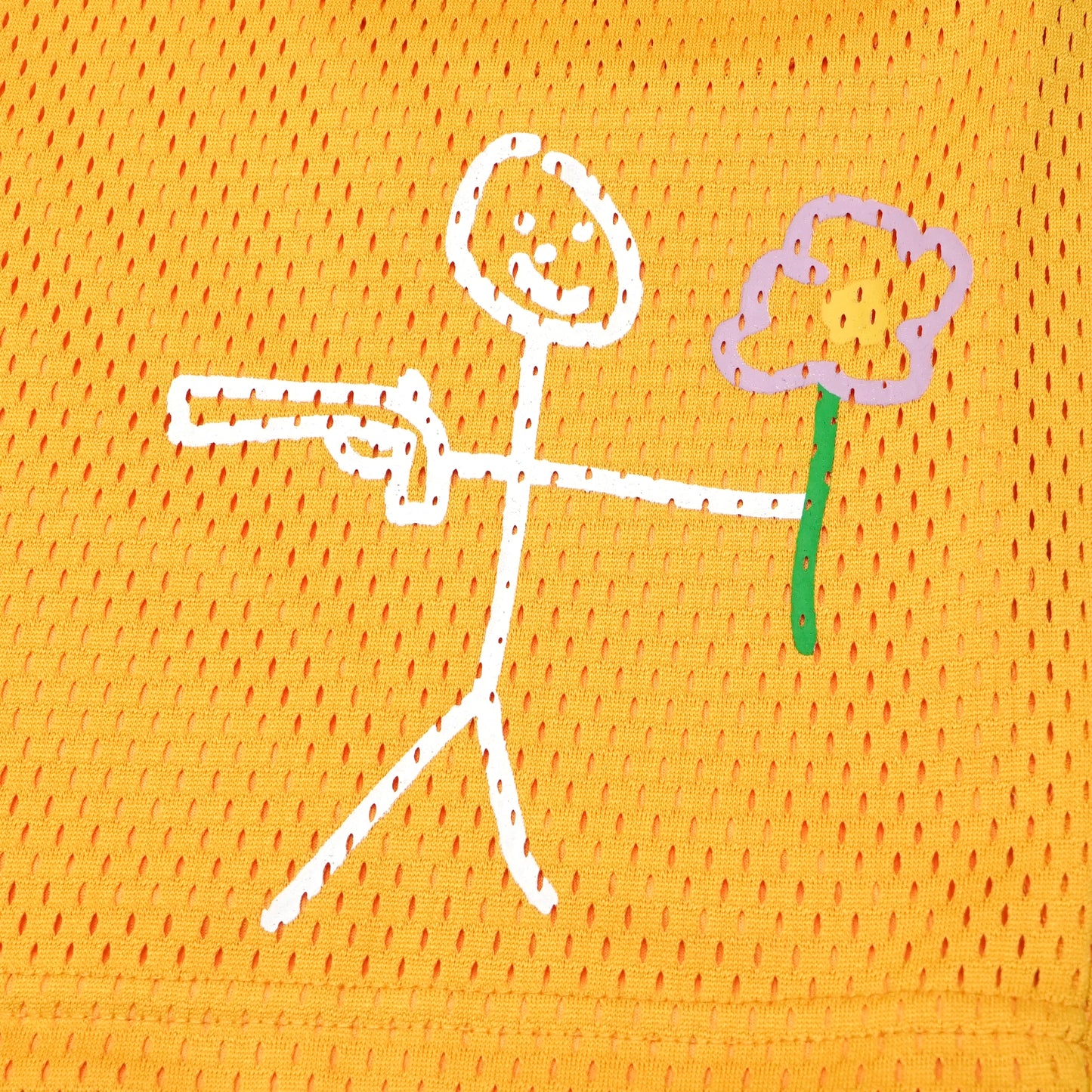 Yellow mesh stickman shorts front screen printing close-up - Tell Them